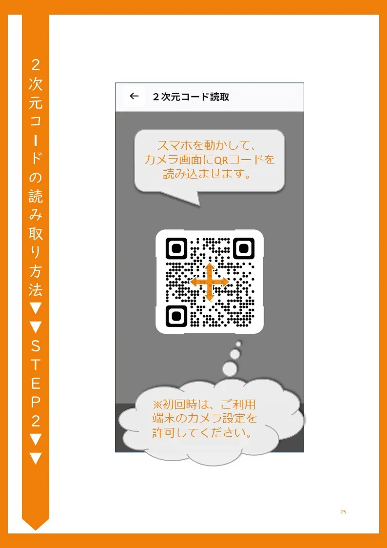「２次元コードの読み取り」画面の操作方法を説明するスクリーンショット
